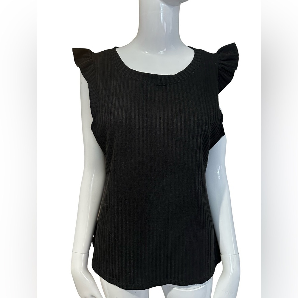 P.S. Kate Black Ribbed Flutter Sleeve Top Size Large Boutique Blouse